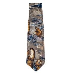 Vintage Forsyth of Canada Sea Otter Necktie Novelty Wildlife Silk Gray Blue Tie